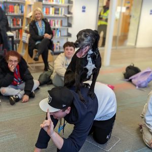 Cooper the mixed breed dog balances on the back of a student