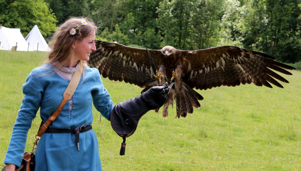 An eagle landing on a woman’s hand in a scene while filming with animals