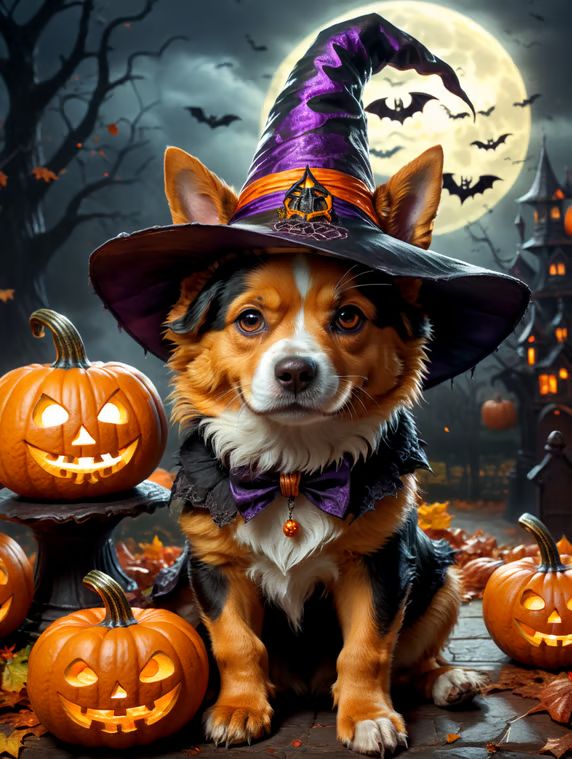Halloween Dog in witches hat
