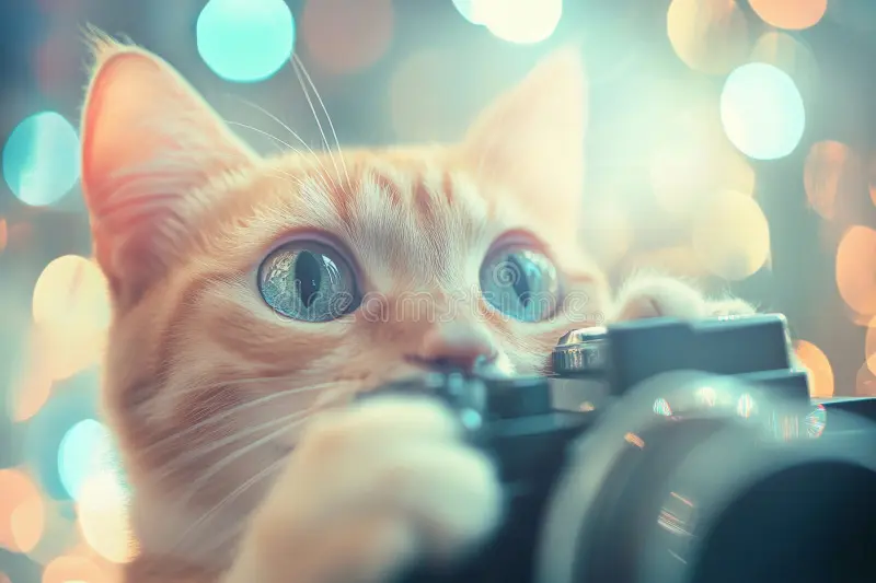 ginger cat holds a camera