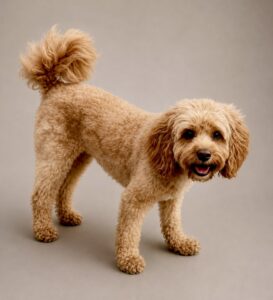 Cavapoo smiling and standing for a photo with bushy tail