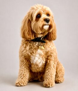 Cavapoo sitting for photo whilst looking into the distance